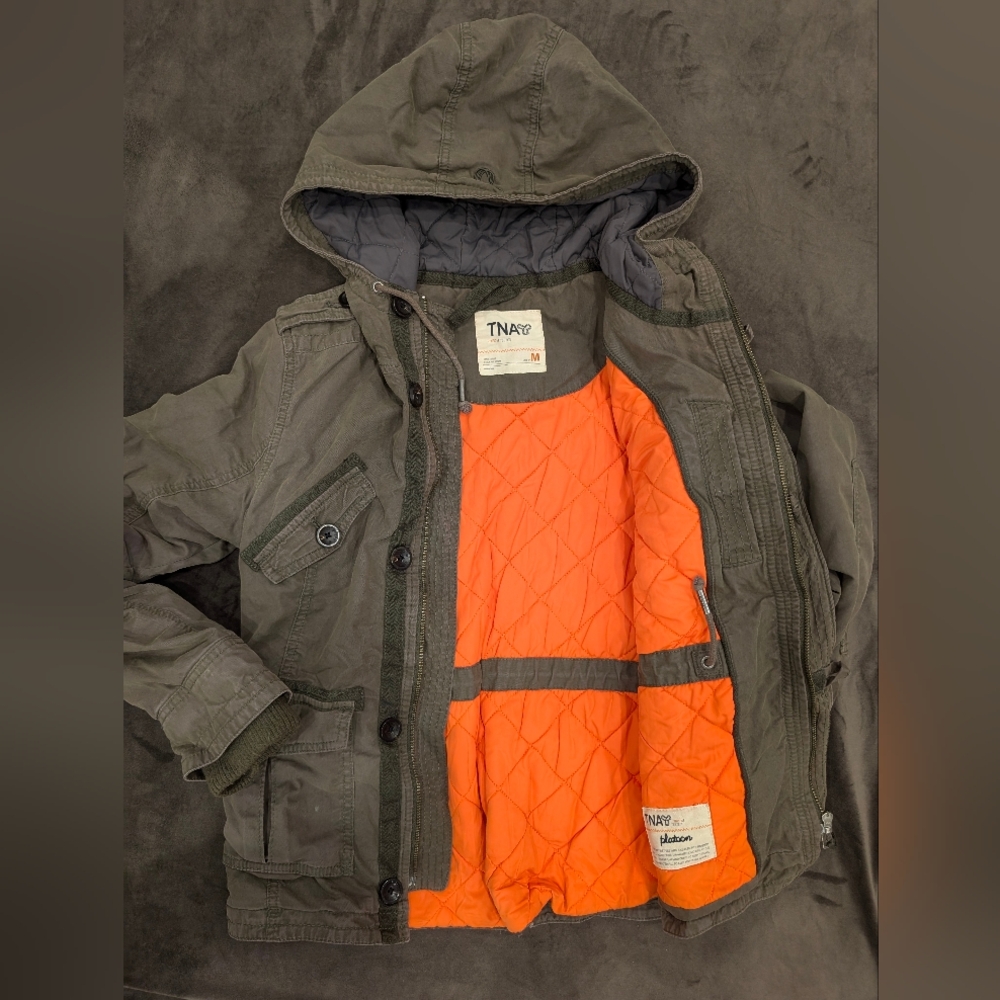 Medium TNA Womens Olive Green Military Jacket with Vibrant Orange Interior